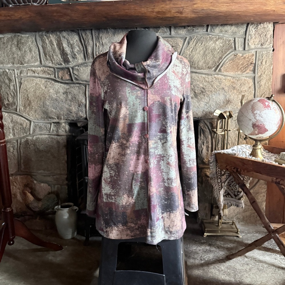 Pure Essence Tunic Top Women Medium Multi Color Excellent Abstract Cowl Neck
